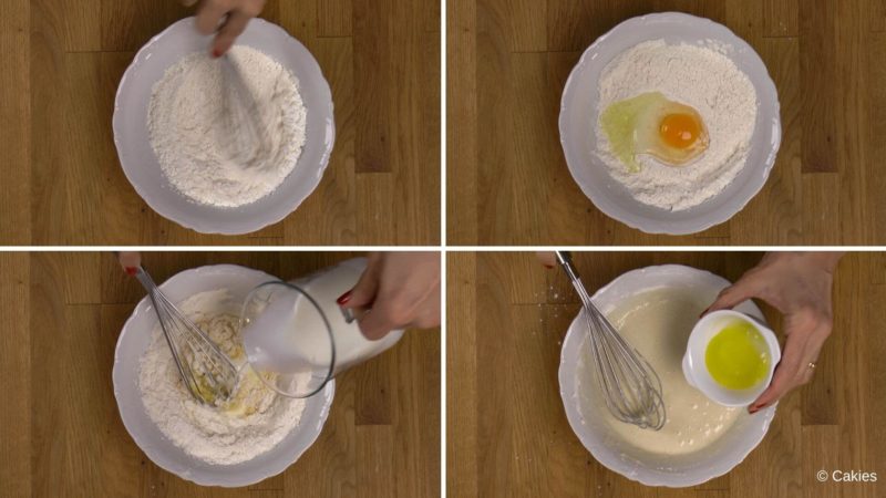 Collage of 4 photos. 1. flour, cornstarch, yeast and sugar being whisked in a bowl. 2. egg is added to the bowl. 3. milk is being added to the bowl while whisking. 4. butter is being added to the bowl. 