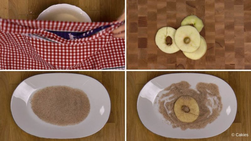 Collage of 4 photos. 1. bowl with batter is being covered with a damp cloth. 2. Apple slices on wooden surface. 3. Cinnamon sugar on a plate. 4. one slice of apple coated with cinnamon on the plate with cinnamon and sugar.