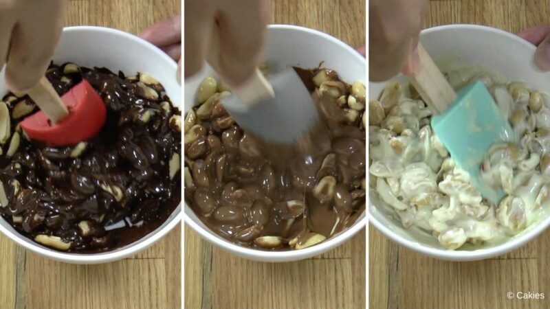 3 photo collage with each photo containing a bowl of peanuts being stirred into melted chocolate (dark, milk and white). 