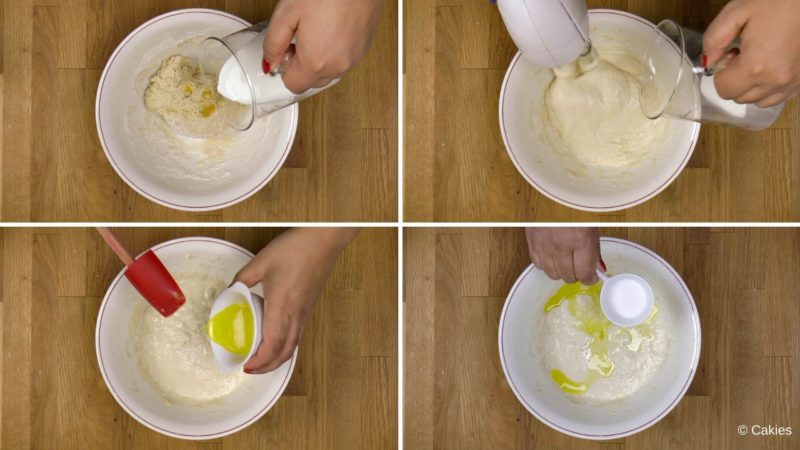Collage of 4 photos. 1. milk is being added to the bowl that has the dough and lemon zest in it. 2. electric whisk is whisking in the bowl while more milk is being added. 3. melted butter is being added to the bowl. 4. salt is being added to the bowl.