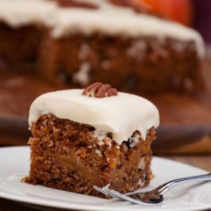 Pumpkin Cake is made with grated pumpkin, apples, pecans with a brown sugar and cream cheese frosting. A pumpkin version of carrot cake. #pumpkin #pumpkincake #recipe #recipes